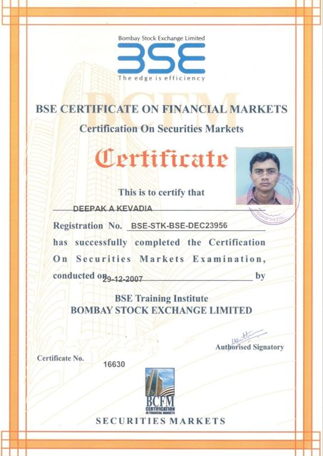 BSE Certificate on Financial Markets — Deepak A Kevadia