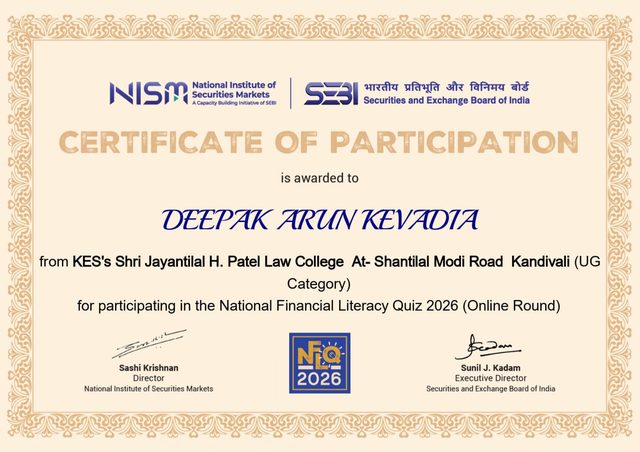 NISM National Financial Literacy Quiz Certificate of Participation — Deepak Arun Kevadia