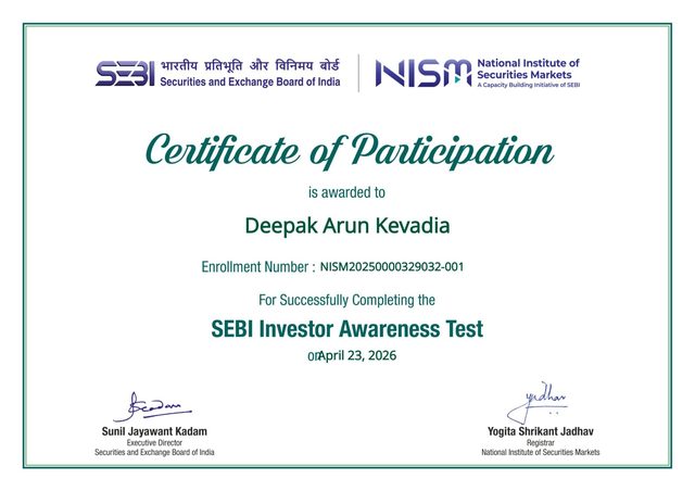 SEBI Investor Awareness Certificate — Deepak Arun Kevadia